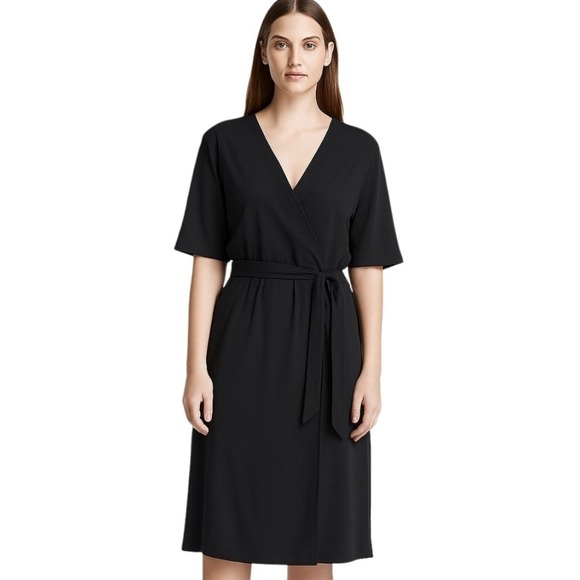 Eileen Fisher Dresses & Skirts - Eileen Fisher Black Tencel Viscose Wrap Midi Dress Short Sleeve WOMEN 4